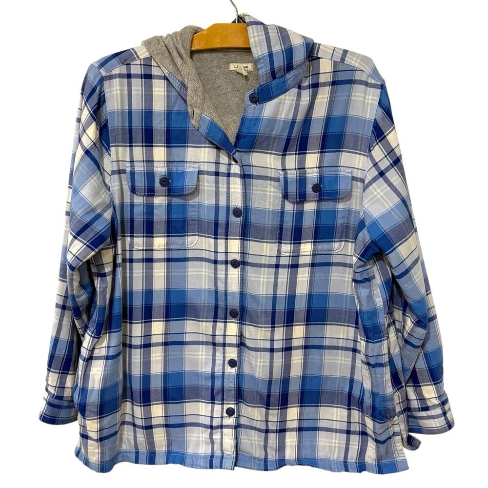 LL Bean | Flannel Shirt Jacket Fleece Lined Front Plaid Hood Cotton- XL Petite